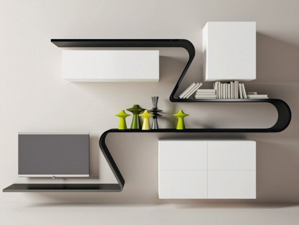Vägghylla design-minimalistisk Wave-Novamobili glanslack svart och vitt
