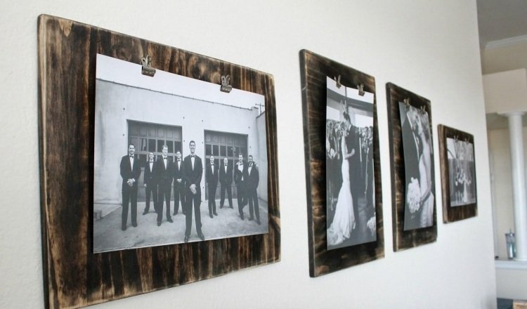 fotoramar-dekorera-idéer-gör-det-själv-trä-träbrädor-vintage-svart-vita-foton-bröllop