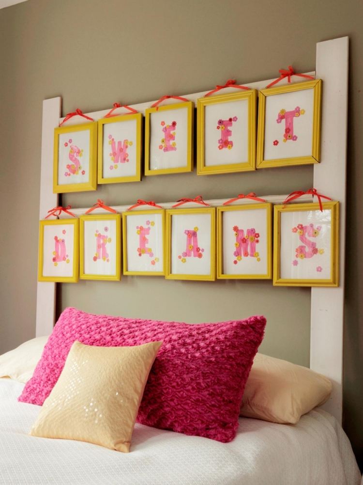 bildram-dekorera-idéer-gör-själv-sänggavel-gula-bokstäver-rosa-rosa-säng