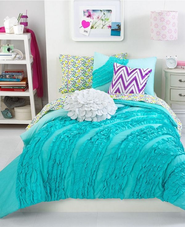 Aquamarin blå sängkläder mönster kudde-flickor rum dekoration idéer-väggfärg