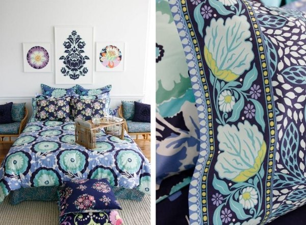 Sovrum sängkläder blommiga ornament blågrå färgschema
