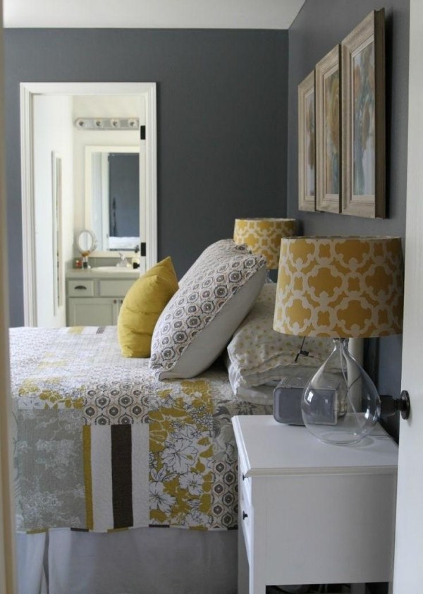 Sovrum väggfärg sängkläder-grå gul-sovrum bordslampa
