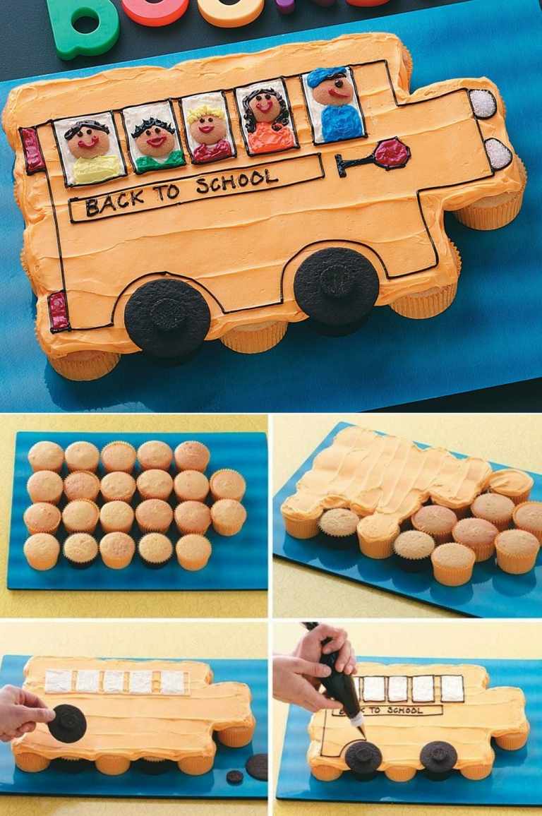 Skolanmälan Dekoration för tårta - skapa en skolbuss eller något annat motiv av muffins och grädde