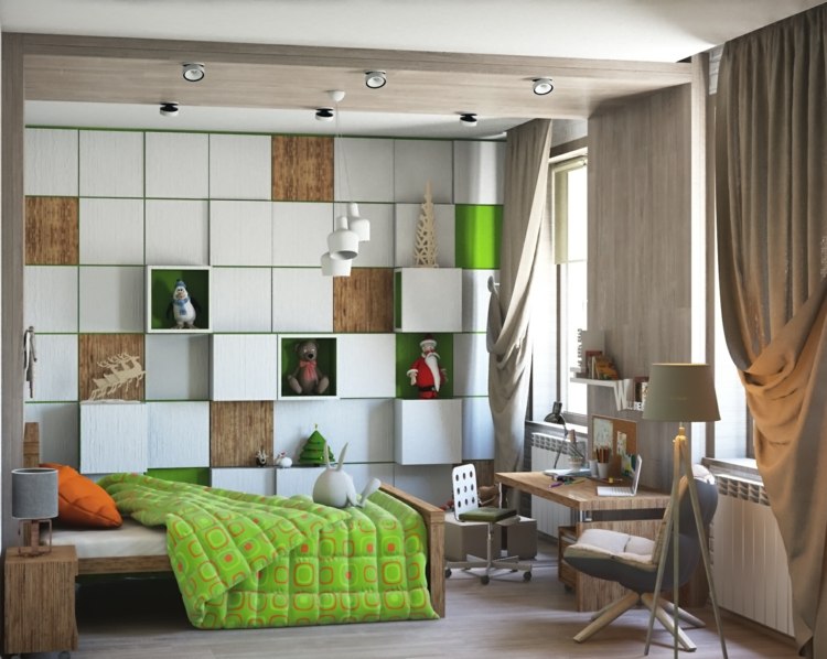 färg-grönt-barnrum-sovrum-vägg-hylla-överkast-mönstrat-skrivbordslampa-sängbord-stolar-dekoration
