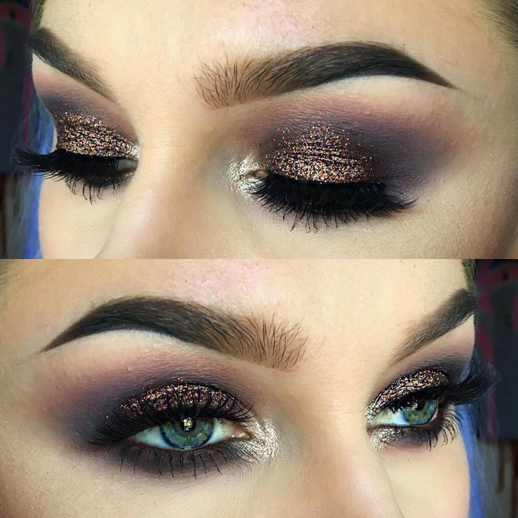 Smokey eyes kvällsmakeup glitter ögonskugga blå ögon