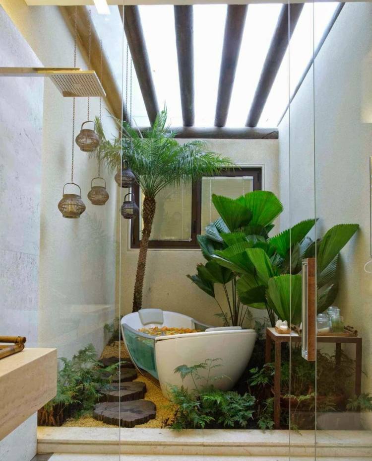 Växter för badrummet kokospalms-präst palm-exotiska-krukväxter-fristående-badkar-hängande lampbord