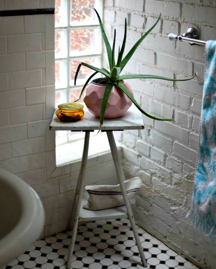 växter-badrum-aloe-sidobord-blomkruka-rosa-ljus-fönster-handduk-kakel-diskbänk