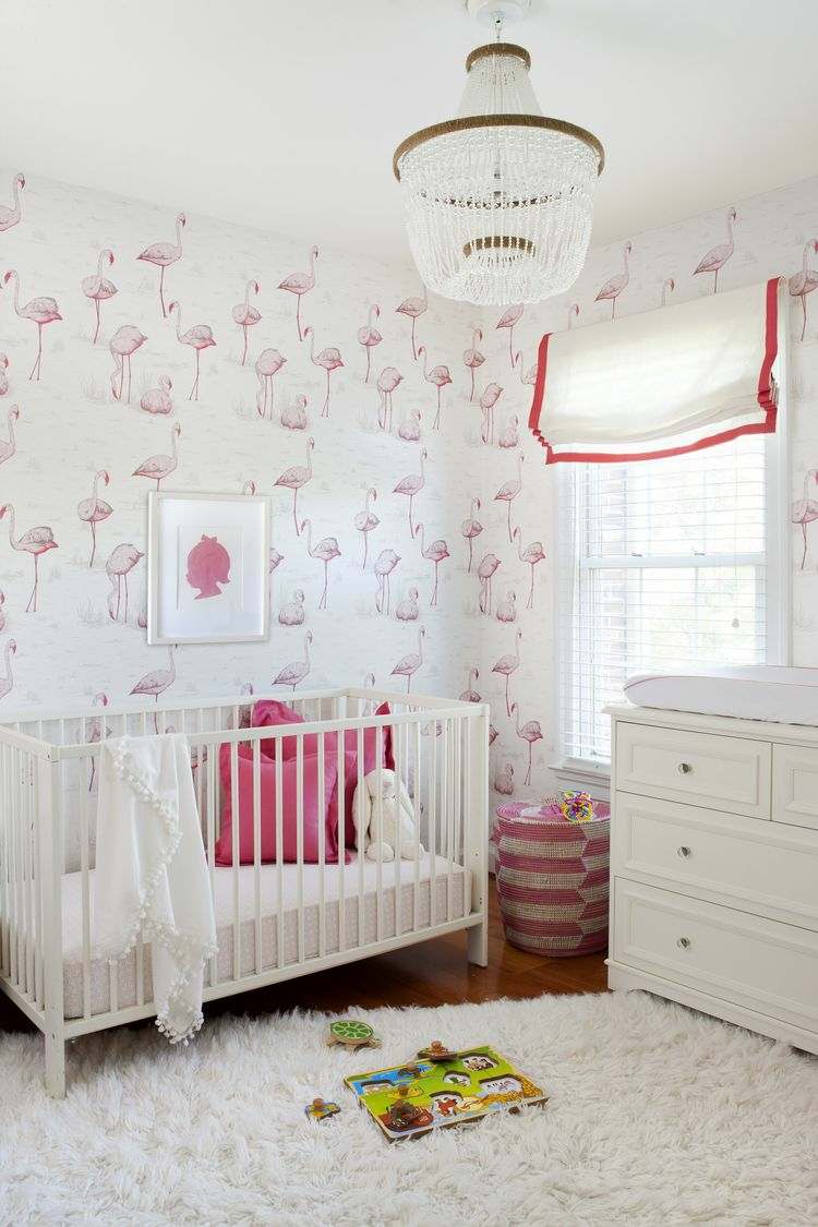 flamingo deco barn vägg design tapet mönster rosa vit inredning
