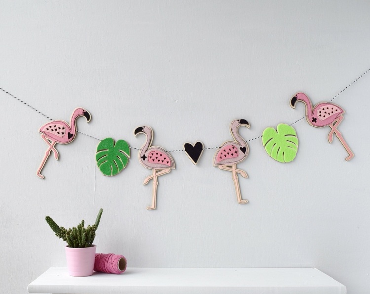 flamingo plantskola dekor idé krans fåglar blad