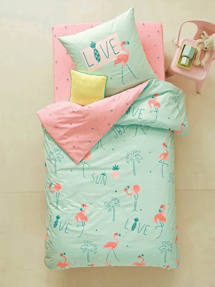 flamingo dekoration barn sovrum flicka sängkläder tropisk rosa mint färg