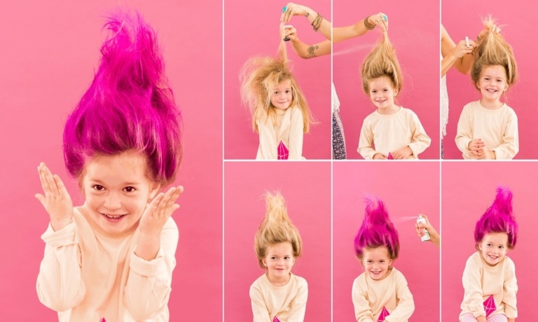 Imitera Halloween -frisyrer för barn - instruktioner för ett troll med rosa hår