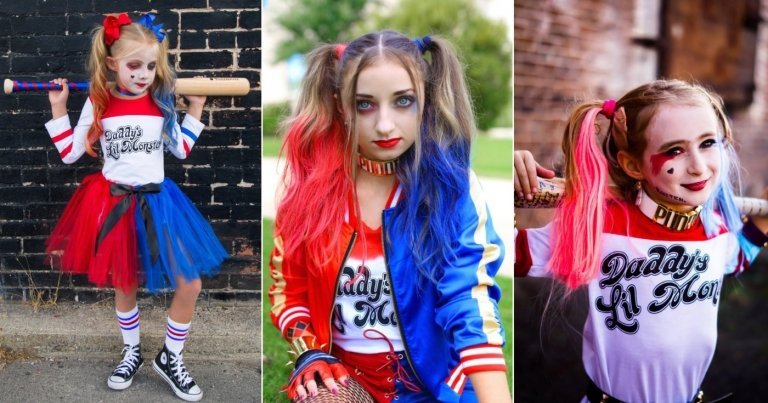 Gör Harley Quinn själv med en röd och blå fläta som en enkel Halloween -frisyr
