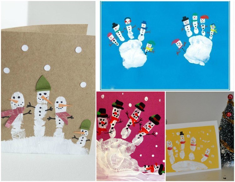 Handavtryck för jul julkort snögubbar