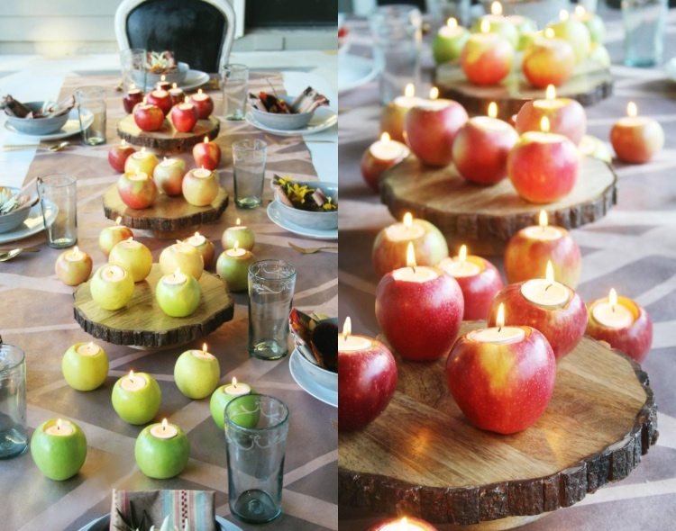 Höstdekoration för Tosch med äpplen och trädstamplattor