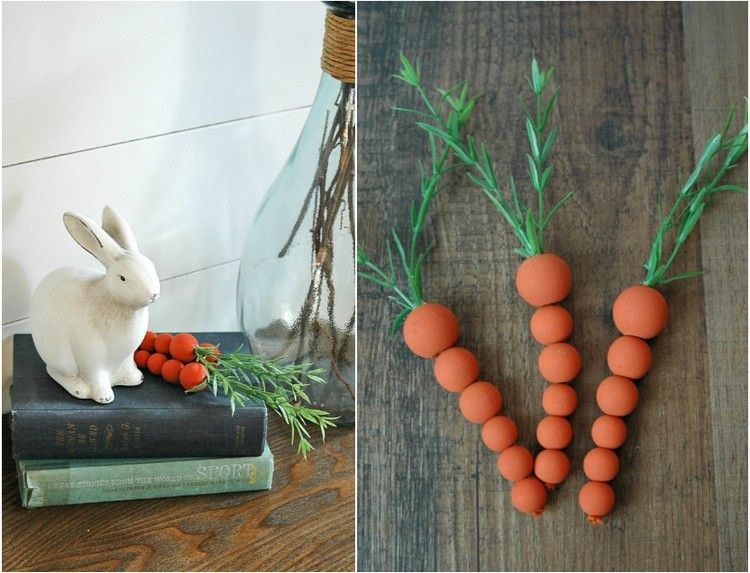 med-trä-pärlor-tinker-morötter-apelsin-kaniner-trädgård-påsk-dekoration