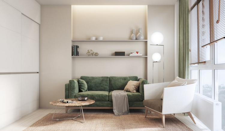 grön sammet soffa kräm väggfärg beige mattbelysning