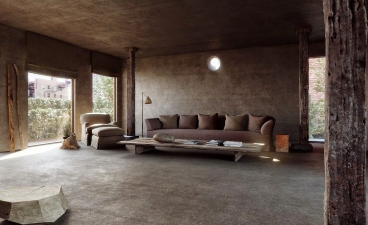 Silikatfärg målar underlaget-kalk-natursten-vardagsrum-naturligt-brunt-nyanser-soffa-fåtölj-bord-trä-balk-bord-ekologiskt storlek