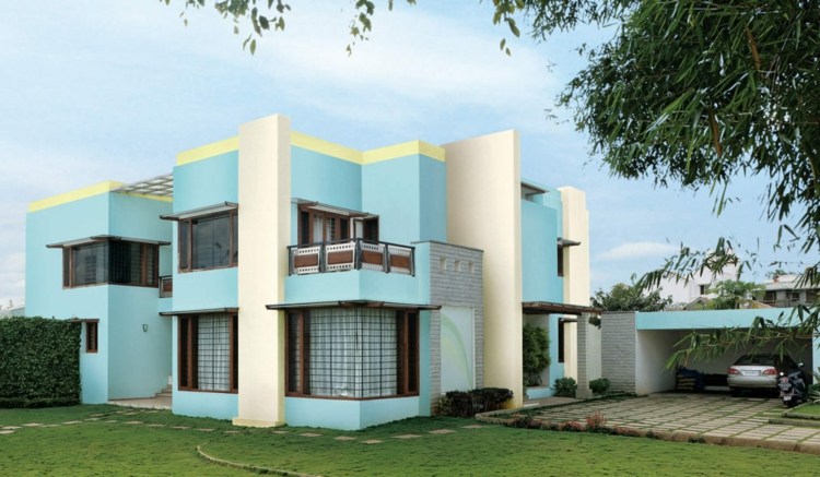 silikatfärg-målning-hus-två våningar-exteriör-fasad-ljusblå-gul-garage-trädgård-bil