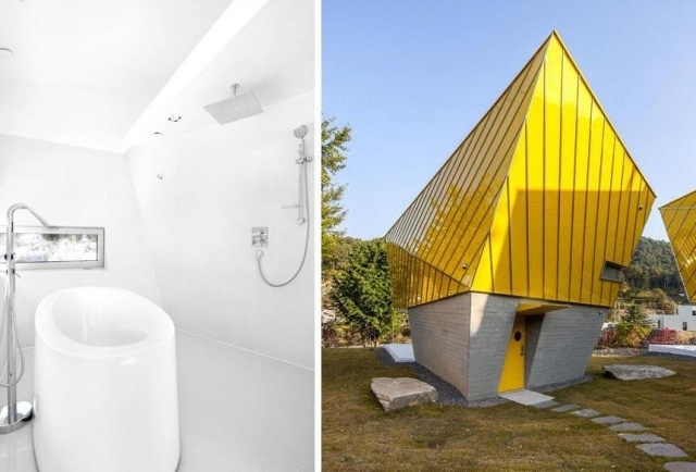 minimalistisk badrum design fritidshus komplex gul övre våningen fribärande
