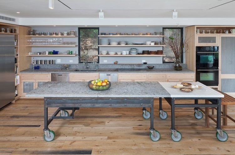 mobil köksö dubbel sida vid sida matlagningsö kök vagn på hjul industriell stil järn marmor bänkskivor rulle