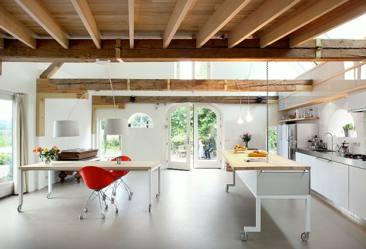 mobil köksö dubbel matlagning köksvagn på hjul modern minimalistisk design lådor träbjälkar kombination