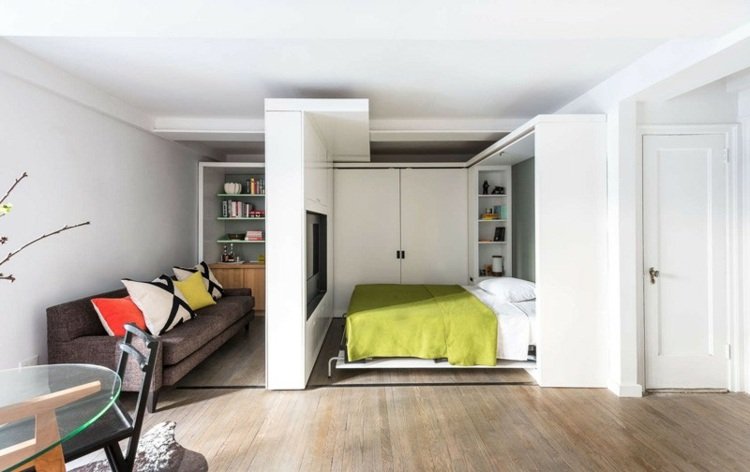 väggsenhet hopfällbar säng multifunktionell liten lägenhet new york glasbord