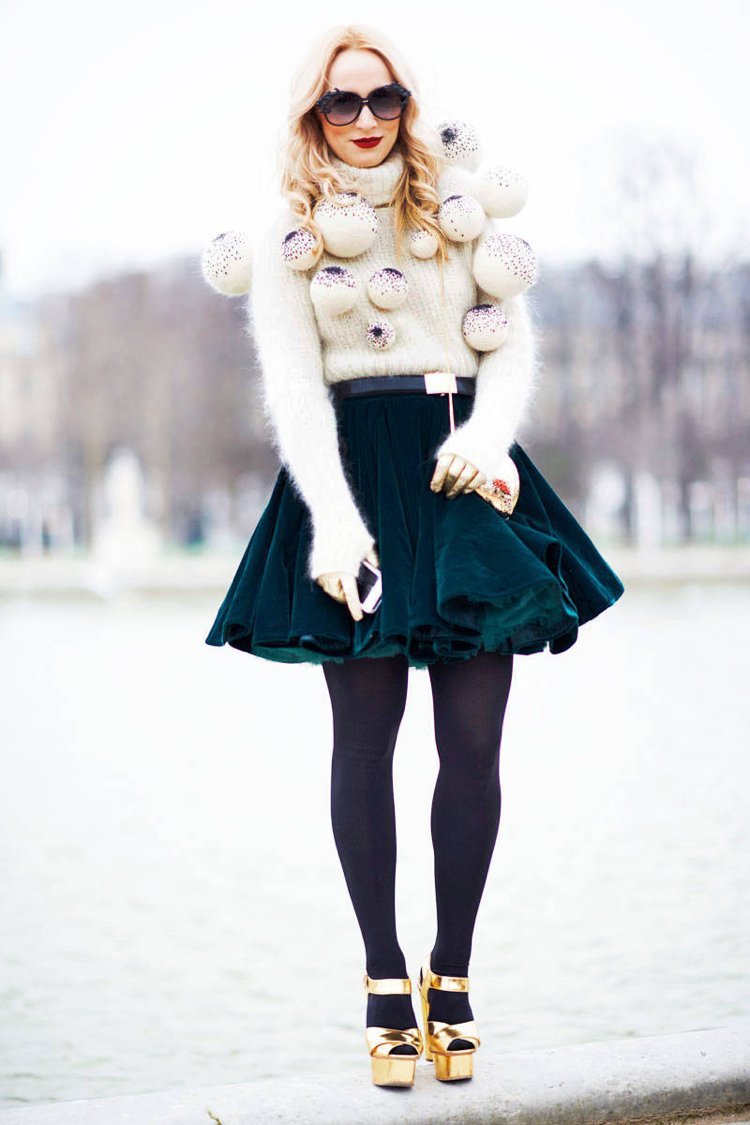 Modetrend: sammet-kjol-grön-tröja-fluffig