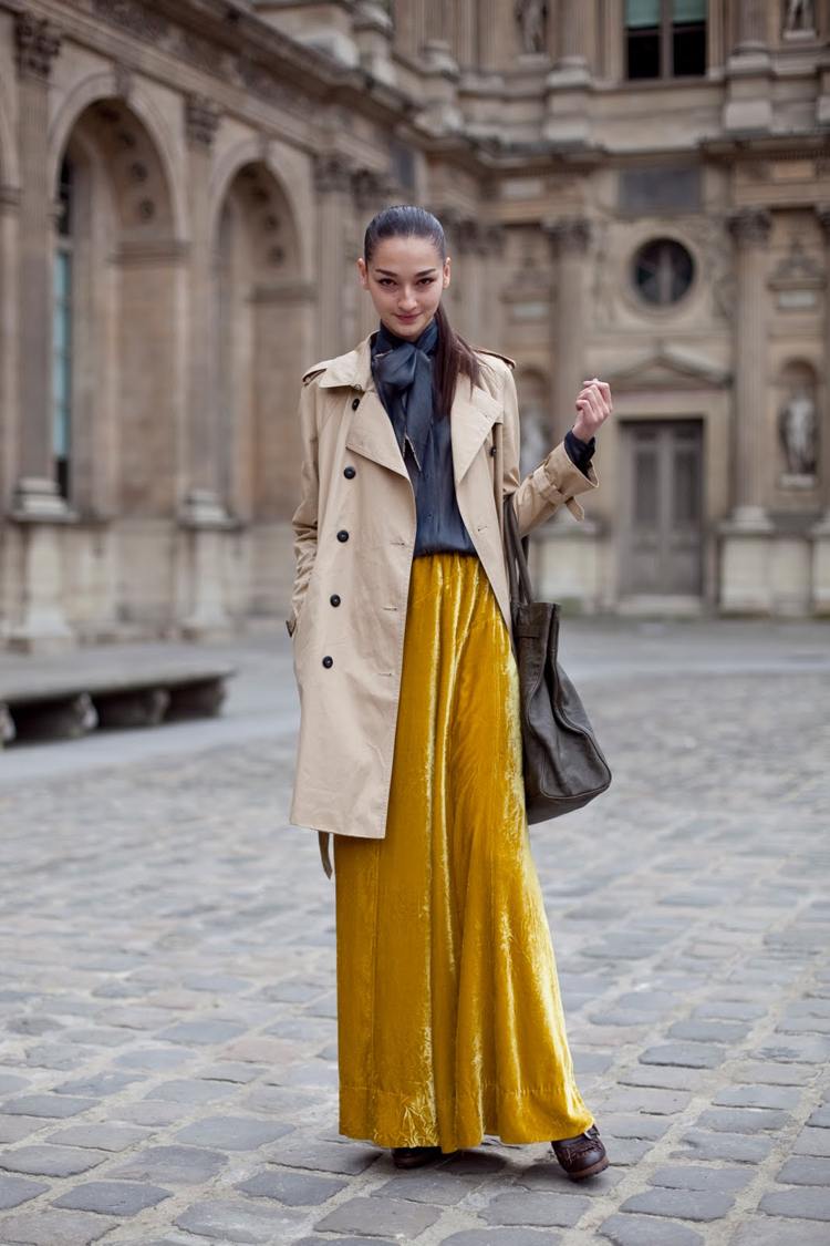 mode-trend-sammet-gul-maxi-kjol-trenchcoat