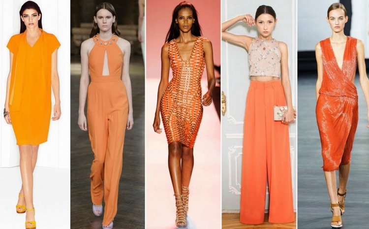 Modetrender outfit orangefärgade långbyxor tight blus