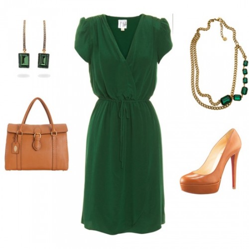 modetrender höst smaragdgrön klänning beige skor väska