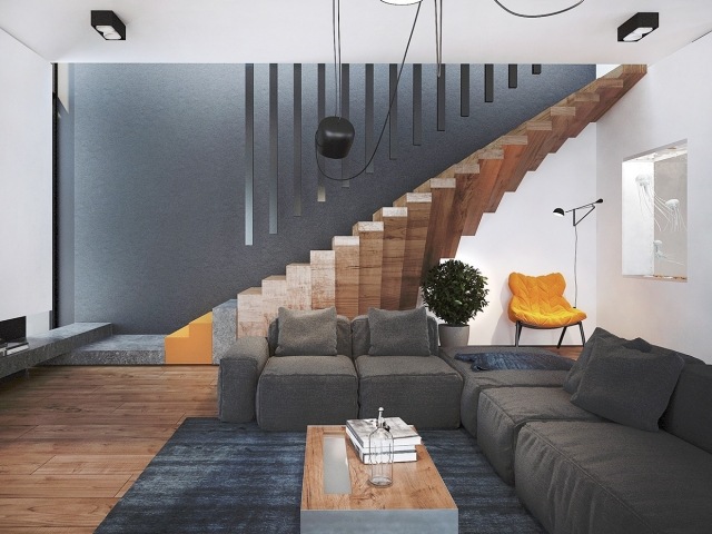 3d-lägenhet-modern-interiör-trappa-sten-trä-läsning-hörn-design-gul-stoppad fåtölj