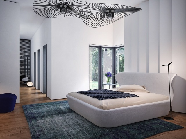 3d-visualisering-sovrum-vit-stoppad säng-vintage-matta-blå