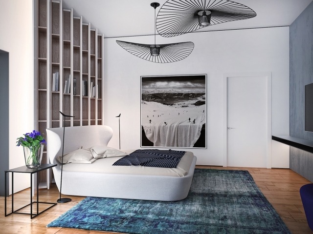 sovrum-design-säng-sänggavel-böjd-väggmålning-surrealistisk-skidbacke