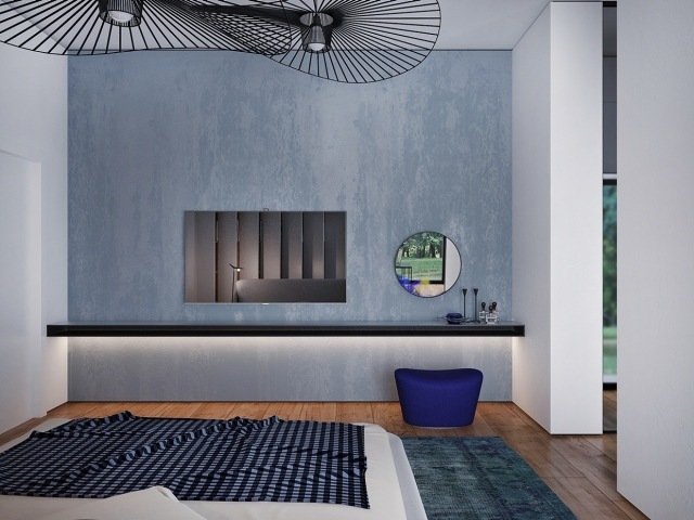 sovrum-toalettbord-minimalistisk-väggbräda-rund spegel-tapet-vägg-blå