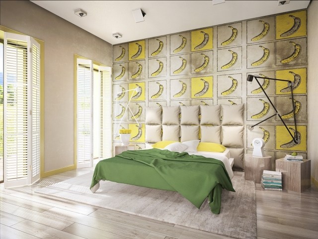 barnrum-täcke-grön-vägg-design-banan-warhol-inspirerad-laminat-grå-nyanserad