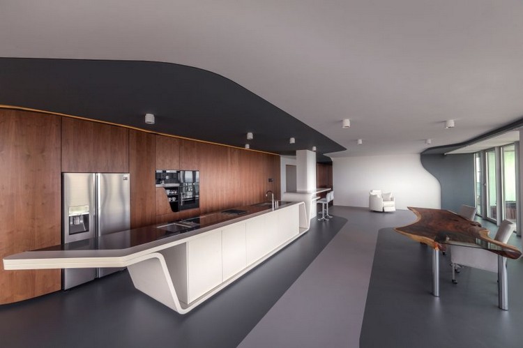 Modernt vardagsrum inbyggt kök-stor-ö-korrugerad-modern-design