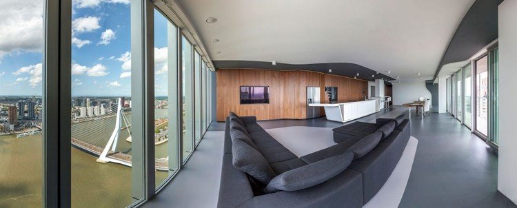 Modernt boende lägenhet-lyx-utsikt-stad-anläggning-grå-brun