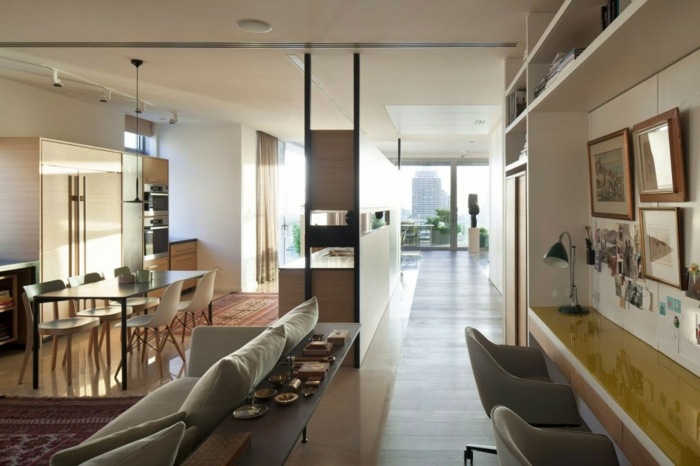 modern lägenhet möbler soffa hall skrivbord kök
