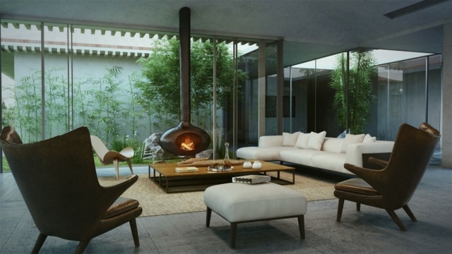 Stil fåtölj soffa vit glasvägg skjutdörrar innergård form bambu