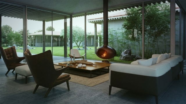 Eldstad glasning två glasfronter möbler trä betong golvpaneler