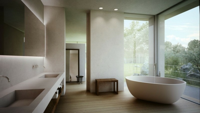 Badrumsdesign fristående badkar handfat infällt trägolv
