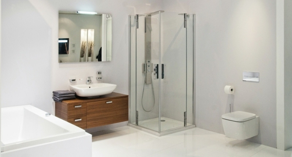 ställa upp duschkabin glas badrumsmöbler trä ljusplattor