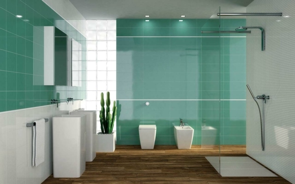 Badrum gröna kakel duschkabin glas vit badrumsmöbler