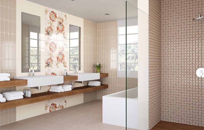 Moderna badrumsplattor-blommönster-beige-sandfärg