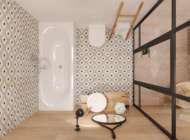 Badrum-design-litet-badrum-badkar-kakel-blomma-mönster-vägg-kakel-trä-look
