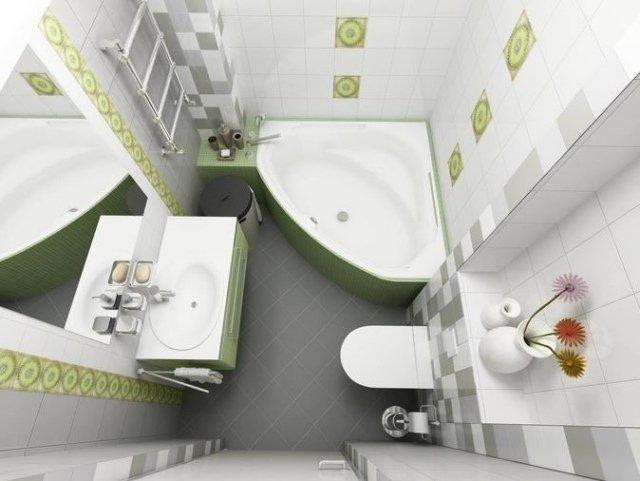 badrumsdesignidéer-litet-badrum-hörnbadkar-grå-grönt
