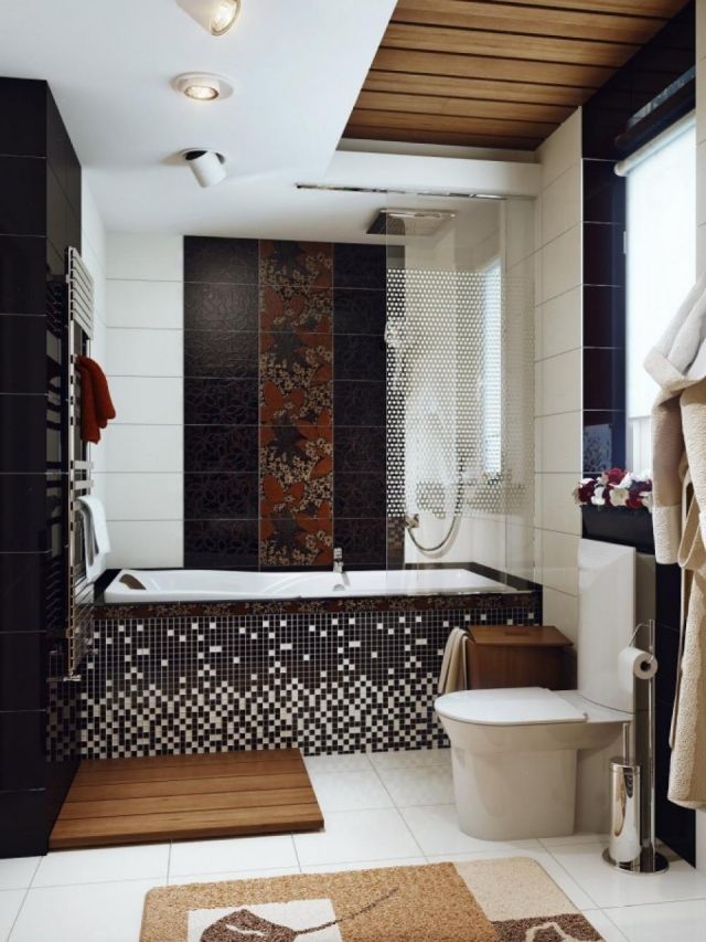 litet-badrum-design-badkar-mosaik-beklädnad-svart-vitt