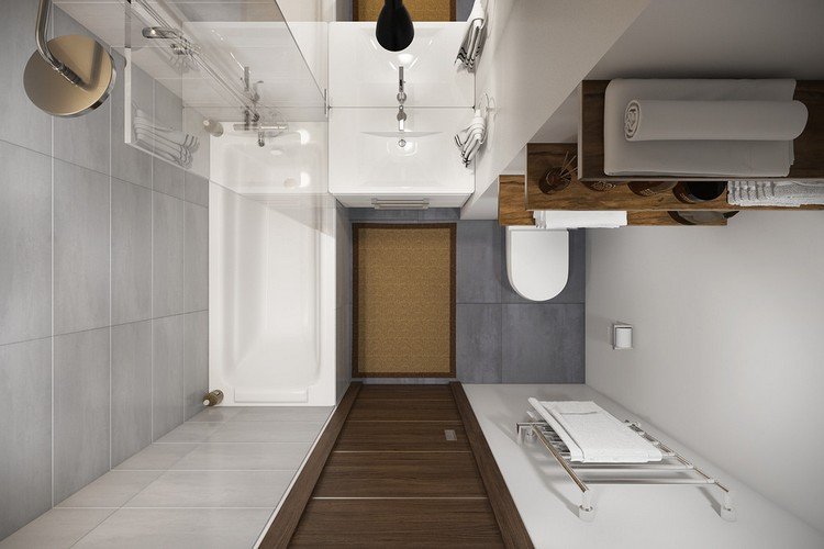 Badrum-design-litet-badrum-grå-kakel-badkar-glas-skiljevägg-trä-hyllor