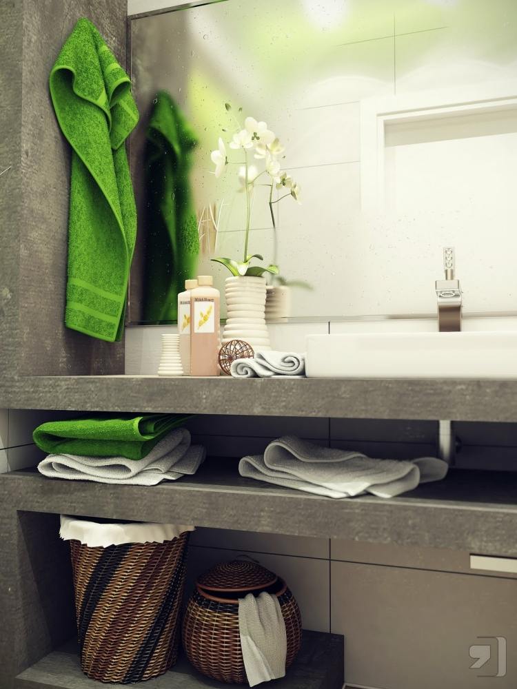 modern badrumsdesign -kakel-litet-badrum-skåp-hyllor-betong-grå