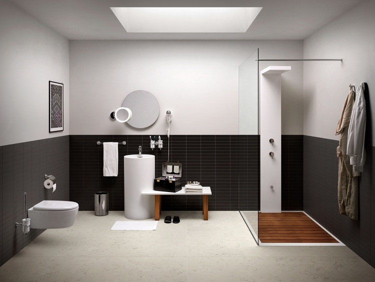 Badrumsmöbler av bambu -moderna-badrum-svart-vit-duschkabin-tvättkonsol-rund-bänk-förvaringsutrymme-takfönster